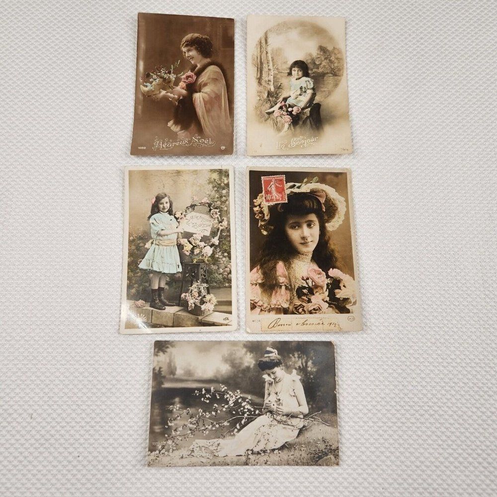Antique RPPC Postcard Lot 5 Victorian Hand Colorized Girls Flowers French